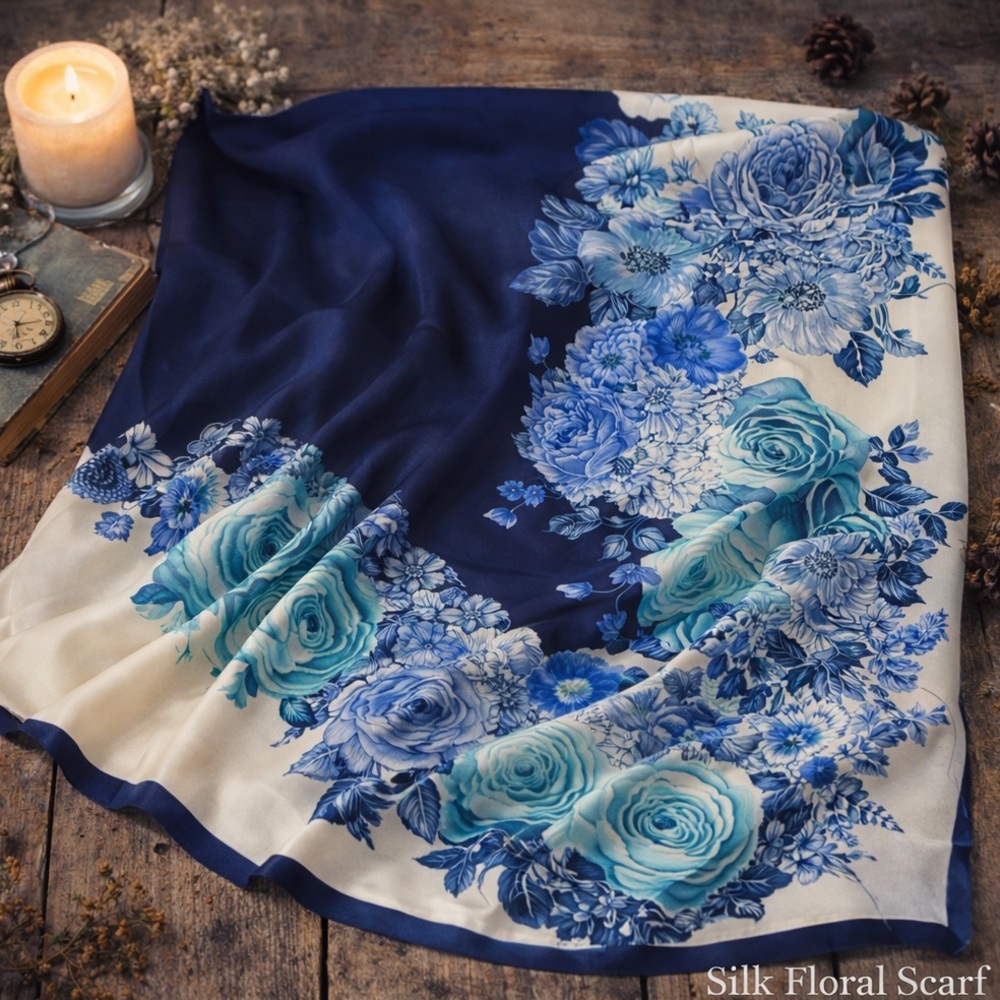Silky Floral Blue and White Scarf